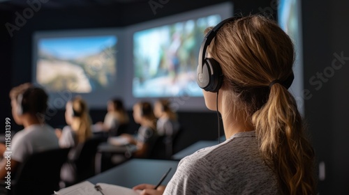 Engaged Student Attending Interactive Multimedia Presentation in Classroom Setting with Projected Visuals and Headphones for Enhanced Learning Experience