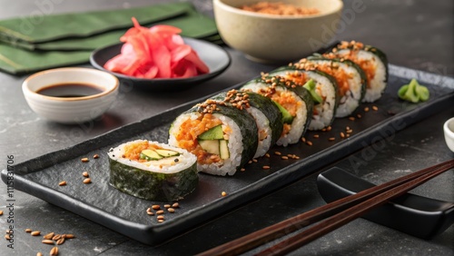 Elegant platter of spicy kimchi gimbap served with sides