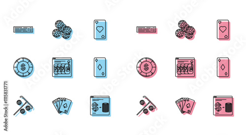 Set line Stick for chips, Playing cards, Deck of playing, Online casino exchange on stacks dollars, slot machine with lucky sevens jackpot, diamonds symbol, Casino and icon. Vector