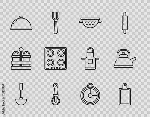 Set line Kitchen ladle, Cutting board, colander, Pizza knife, Covered with tray of food, Gas stove, timer and Kettle handle icon. Vector