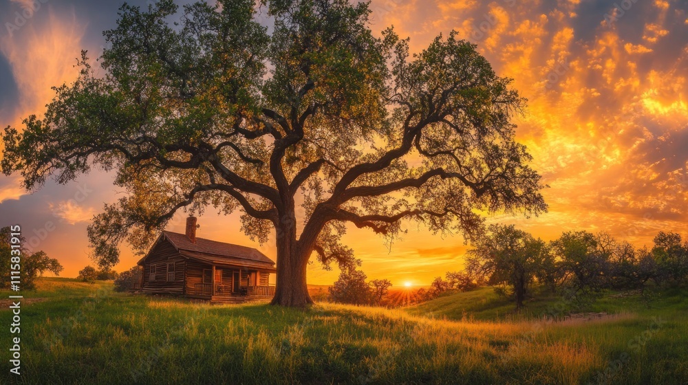Sunset Serenity: Rustic Cabin Under a Majestic Oak Sunset Serenity: Rustic Cabin Under a Majestic Oak