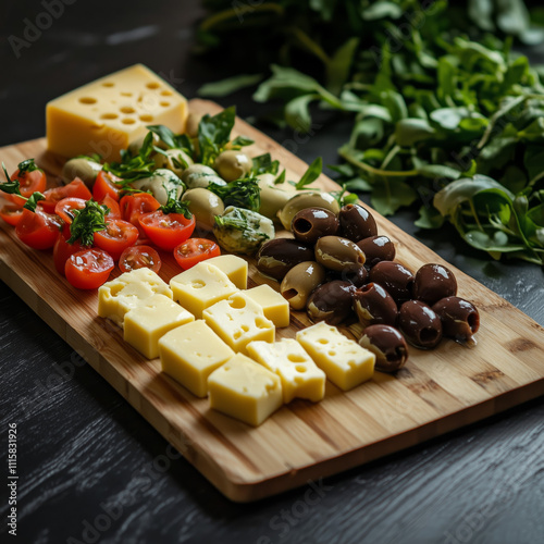 a wooden board with a beautiful serving of different pieces of cheese, tomatoes, greens and olives on a gray table