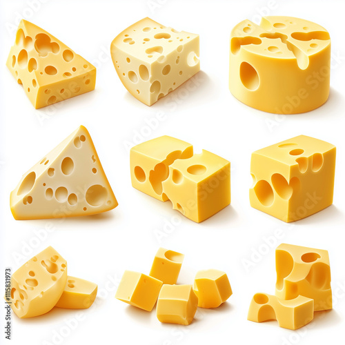 different pieces of cheese on a white background