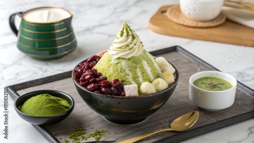 Luxurious matcha patbingsu in a sleek black bowl with toppings
