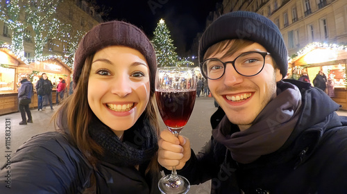 hot mulled spicy wine at a Christmas market illuminated night photo