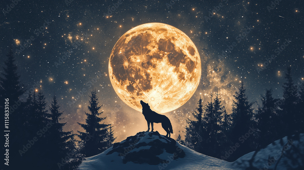 Naklejka premium Wolf Moon or Supermoon view hanging in the night sky, the moon looks golden and full of crater details, Ai generated images