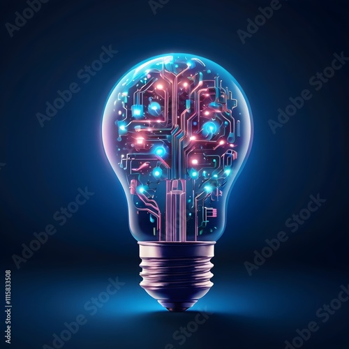 Glowing light bulb with circuit board inside on dark blue background, mockup, Innovation concept,png, Generative Ai,ultra high definition
 photo