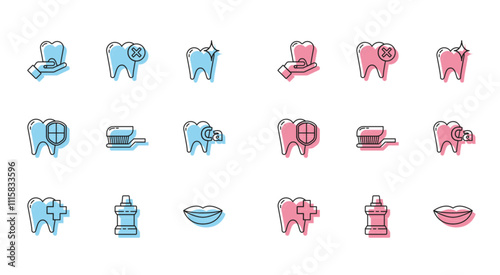 Set line Dental clinic for dental care tooth, Mouthwash plastic bottle, Tooth, Smiling lips, Toothbrush with toothpaste, Calcium, protection and caries icon. Vector