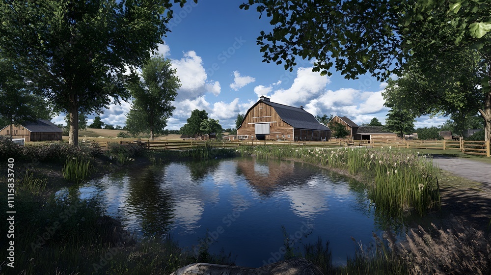 Obraz premium A serene rural landscape featuring a pond, barn, and lush greenery under a blue sky.