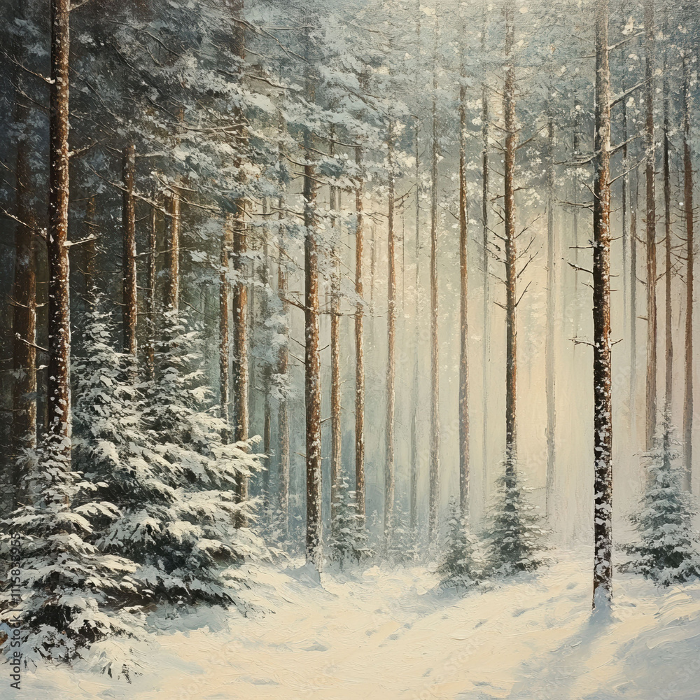 Obraz premium A serene winter forest scene featuring tall pine trees blanketed in fresh snow, illuminated by soft morning light filtering through the branches