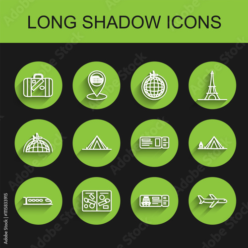 Set line Train, Passport pages with visa stamps, Suitcase for travel and stickers, Cruise ticket traveling by ship, Plane, Tourist tent, wood fire and Travel icon. Vector