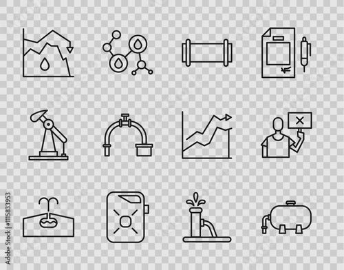 Set line Oilfield, industrial factory building, Industry pipe, Canister for motor oil, Drop crude price, and valve, pump pump jack and Nature saving protest icon. Vector