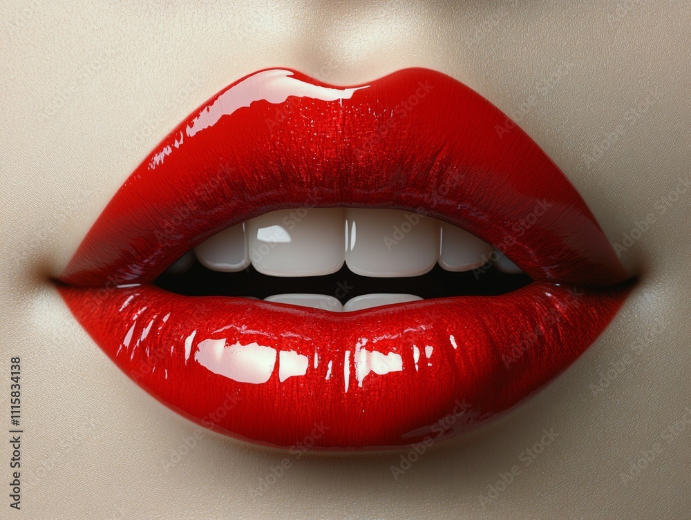 Obraz premium Glossy Red Lips with Perfect White Teeth Close-Up