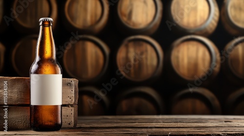 An amber beer bottle with a blank label stands on a wooden surface, surrounded by the warm, blurry shapes of wooden barrels, invoking a cozy brewery environment. photo