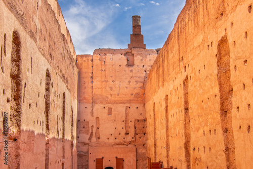 Architecture of the El Badii Palace, a vestige of the history of Marrakech in Morocco