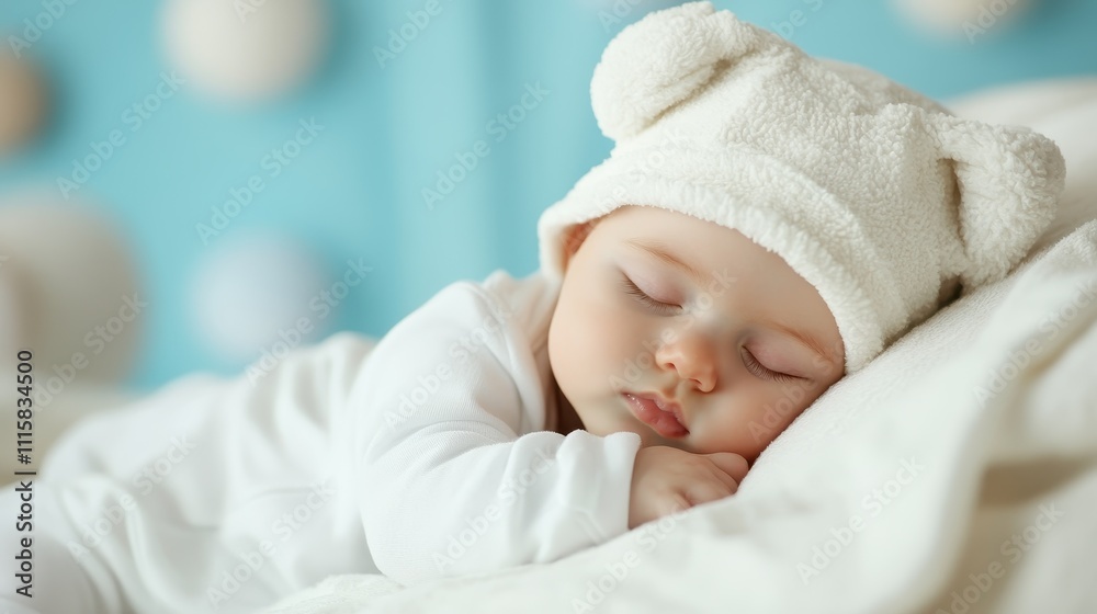 A charming photograph of a baby sleeping snugly under a soft plush bear hat, capturing the essence of innocence, warmth, and the gentle nature of childhood. A charming photograph of a baby sleeping snugly under a soft plush bear hat, capturing the essence of innocence, warmth, and the gentle nature of childhood.
