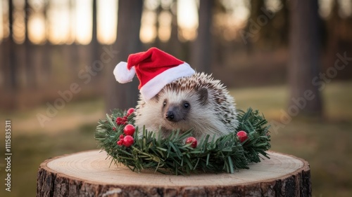 Hedgehog wearing Santa hat green decor photo