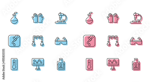 Set line Medical thermometer, Chemical formula, Plant breeding, Poison bottle, Test tube and flask, Safety goggle glasses, and rubber gloves icon. Vector