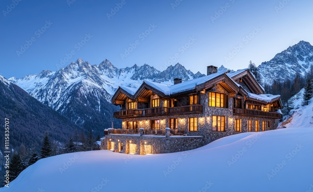 A luxury chalet nestled in the snow-covered mountains of an alpine valley at twilight, illuminated by warm lights from inside and surrounded by pristine white powdery snow A luxury chalet nestled in the snow-covered mountains of an alpine valley at twilight, illuminated by warm lights from inside and surrounded by pristine white powdery snow