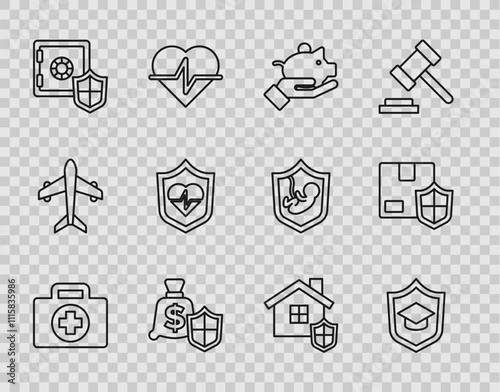 Set line First aid kit, Graduation cap with shield, Piggy bank in hand, Money, Safe, Life insurance, House and Delivery security icon. Vector