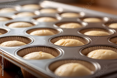 Muffin tins with batter before baking