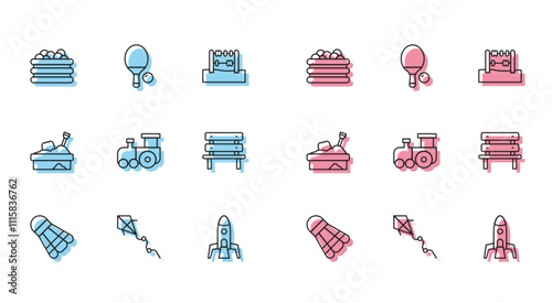 Set line Badminton shuttlecock, Kite, Pool with balls, Rocket ship, Toy train, Bench, Sandbox sand and Racket icon. Vector