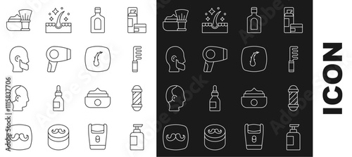 Set line Bottle of shampoo, Classic Barber shop pole, Hairbrush, dryer, Mustache and beard, Shaving with foam and Human hair follicle icon. Vector
