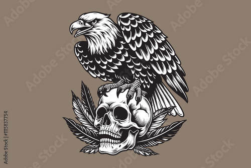 Bald eagle perched on a human skull in bold black old-school tattoo style
