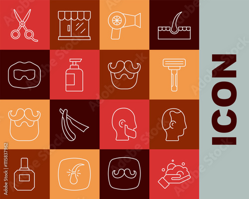 Set line Shaving foam on hand, Baldness, razor, Hair dryer, Bottle of shampoo, Mustache beard, Scissors hairdresser and icon. Vector