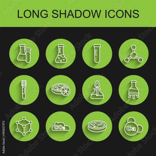 Set line Molecule, CO2 emissions in cloud, Test tube, Petri dish with bacteria, Mineral Ca Calcium, toxic liquid, and Alcohol or spirit burner icon. Vector