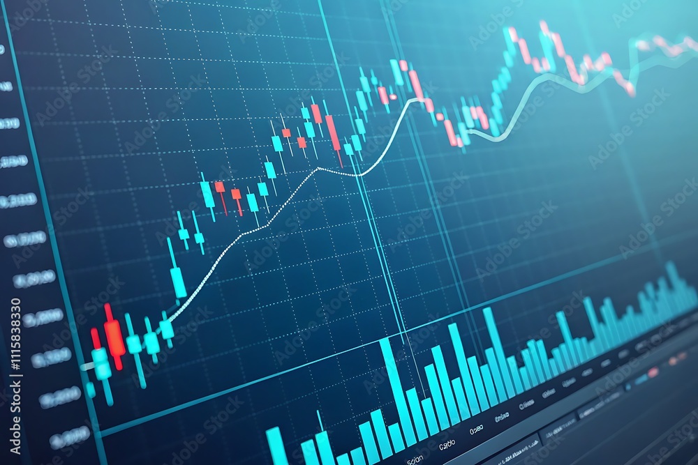 Fototapeta premium Closeup financial chart with uptrend line candlestick graph in stock market on monitor background