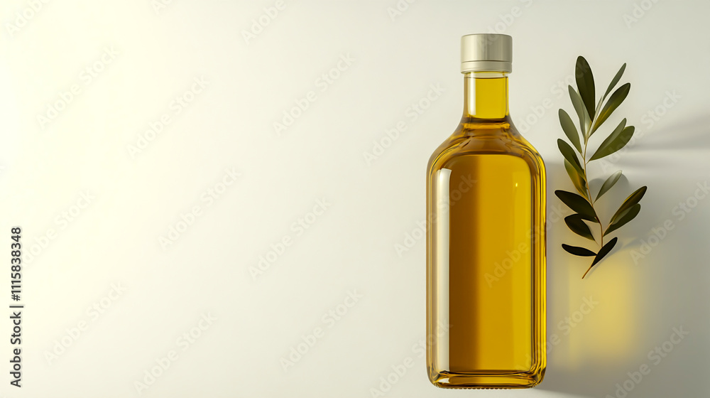 Elegant glass bottle of olive oil with golden liquid, set against a clean white background. Elegant glass bottle of olive oil with golden liquid, set against a clean white background.