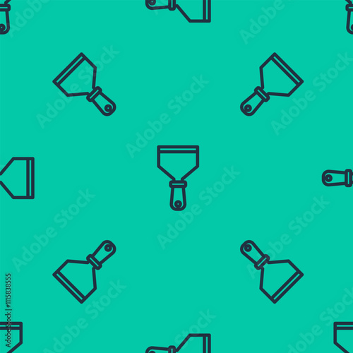 Blue line Putty knife icon isolated seamless pattern on green background. Spatula repair tool. Spackling or paint instruments. Vector