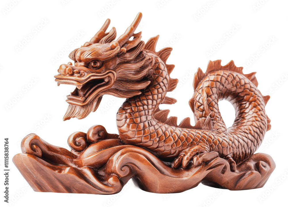 Fototapeta premium Intricate wooden dragon sculpture resting on waves, cut out - stock png.