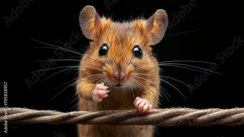 A close-up image of a cute mouse with large ears and whiskers, intensely staring ahead while standing on a rope, set against a dark background. photo