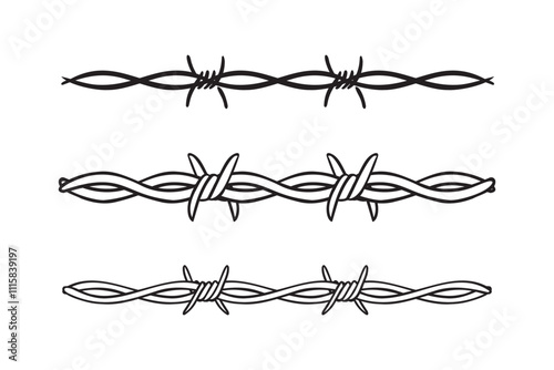 Barbed wire isolated template border. Wire barb fence set. Protection barbed wire silhouette outline clipart