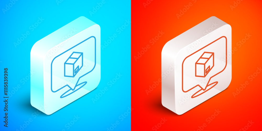 Isometric line Location with cardboard box icon isolated on blue and red background. Delivery services, logistic and transportation, distribution. Silver square button. Vector Isometric line Location with cardboard box icon isolated on blue and red background. Delivery services, logistic and transportation, distribution. Silver square button. Vector