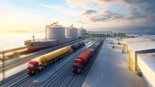 Industrial Port with Cargo Ships and Freight Trucks