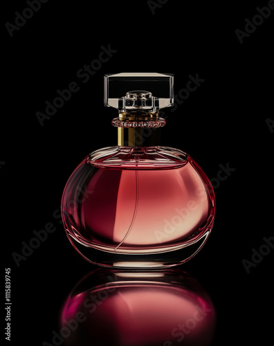 Elegant women's perfume bottle isolated on a black background. photo