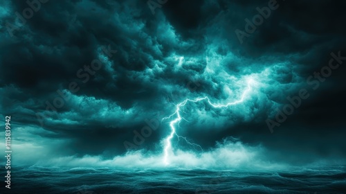 A dramatic lightning strike cuts through ominous storm clouds, casting a luminous glow over violent ocean waves, nature displaying its electrifying force and raw emotion. photo