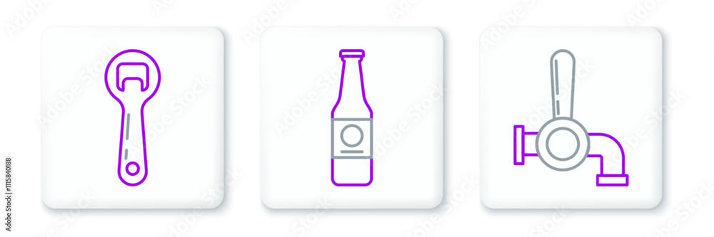 Set line Beer tap, Bottle opener and bottle icon. Vector Set line Beer tap, Bottle opener and bottle icon. Vector