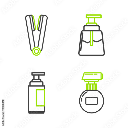 Set line Cream or lotion cosmetic tube, Aftershave and Curling iron for hair icon. Vector