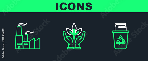 Set line Recycle bin with recycle symbol and can, Factory and Plant hand of environmental protection icon. Vector