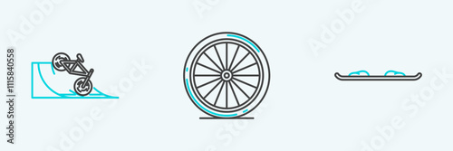 Set line Snowboard, Bicycle on street ramp and wheel icon. Vector