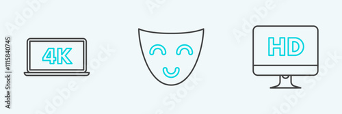 Set line Computer PC monitor with HD video technology, Laptop screen 4k and Comedy theatrical mask icon. Vector