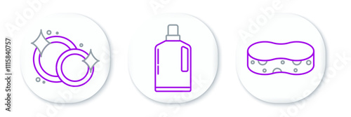 Set line Sponge, Washing dishes and Plastic bottles for liquid dishwashing liquid icon. Vector