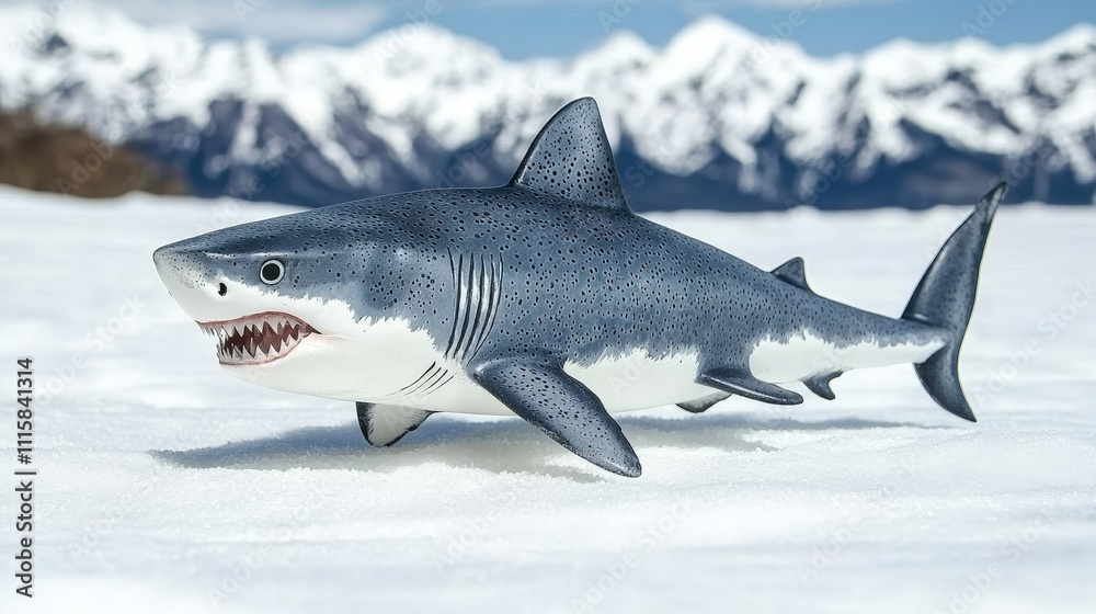 Fototapeta premium Great White Shark Model Snow Background Wildlife Ocean Predator Marine Animal Nature