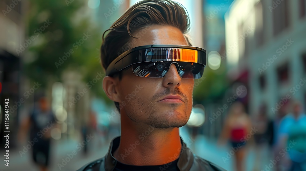 A man wearing glasses with a display on the front, outdoors.
A man wearing glasses with a display on the front, outdoors.