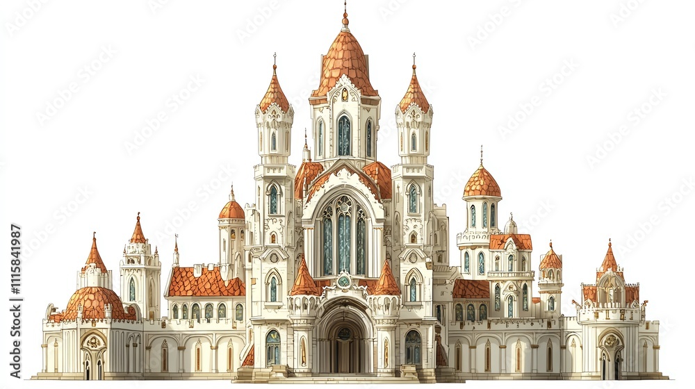 Fototapeta premium a 2D cartoon illustration of a Renaissance-style cathedral, grand and ornate, white background--ar 16:9