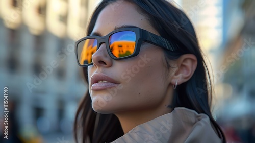 A woman wearing dark sunglasses with a reflection of buildings. photo